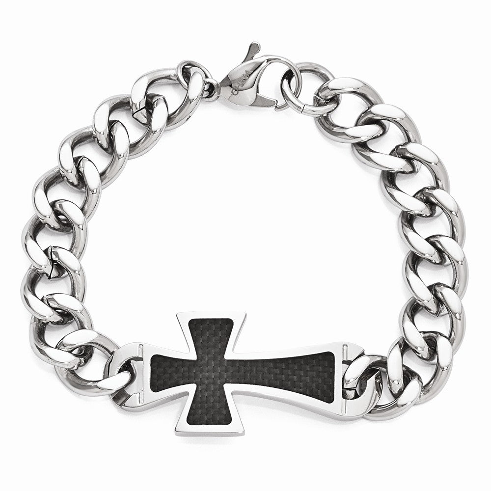 Chisel Stainless Steel Black Carbon Fiber Cross Polished 8.5in Bracelet