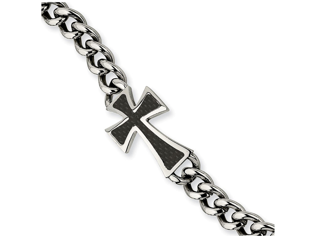Chisel Stainless Steel Black Carbon Fiber Cross Polished 8.5in Bracelet