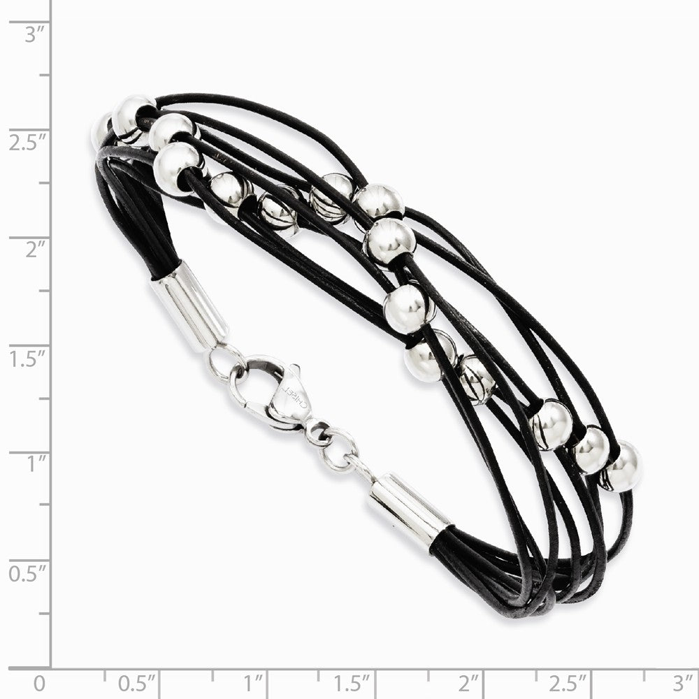 Chisel Stainless Steel Black Leather W/beads 8in Bracelet