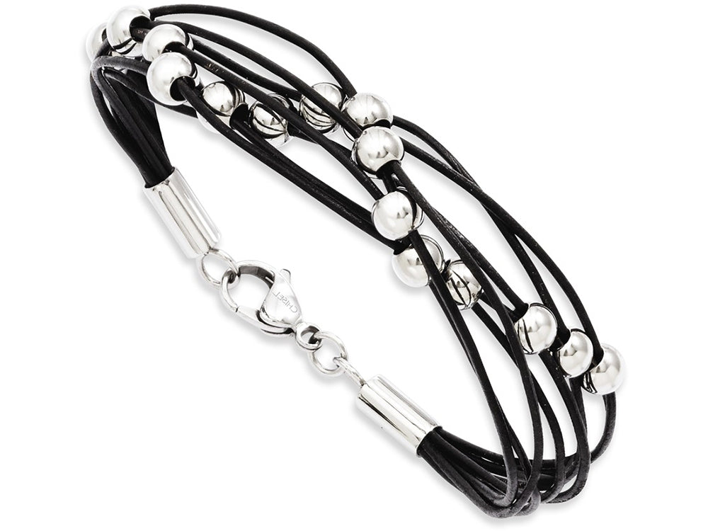 Chisel Stainless Steel Black Leather W/beads 8in Bracelet