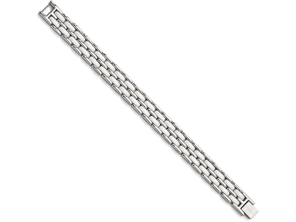Chisel Stainless Steel Double Row White Ceramic 8.25in Bracelet