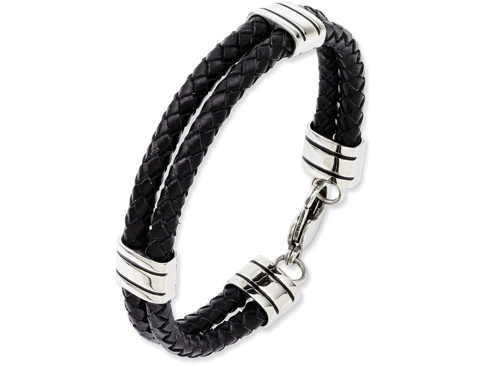 Chisel Stainless Steel Black Leather 9in Bracelet