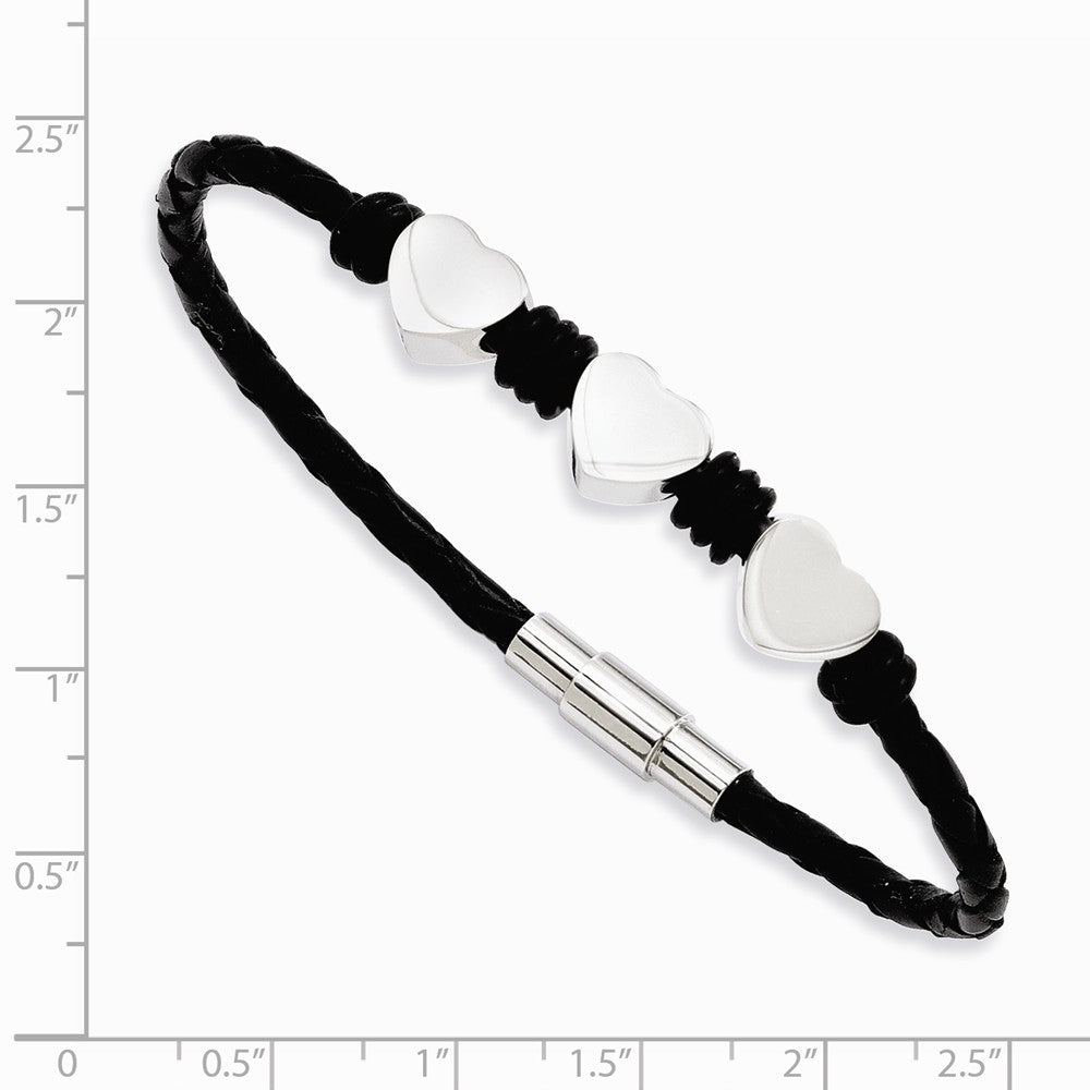 Chisel Stainless Steel Black Leather W/polished Hearts 7.5in Bracelet