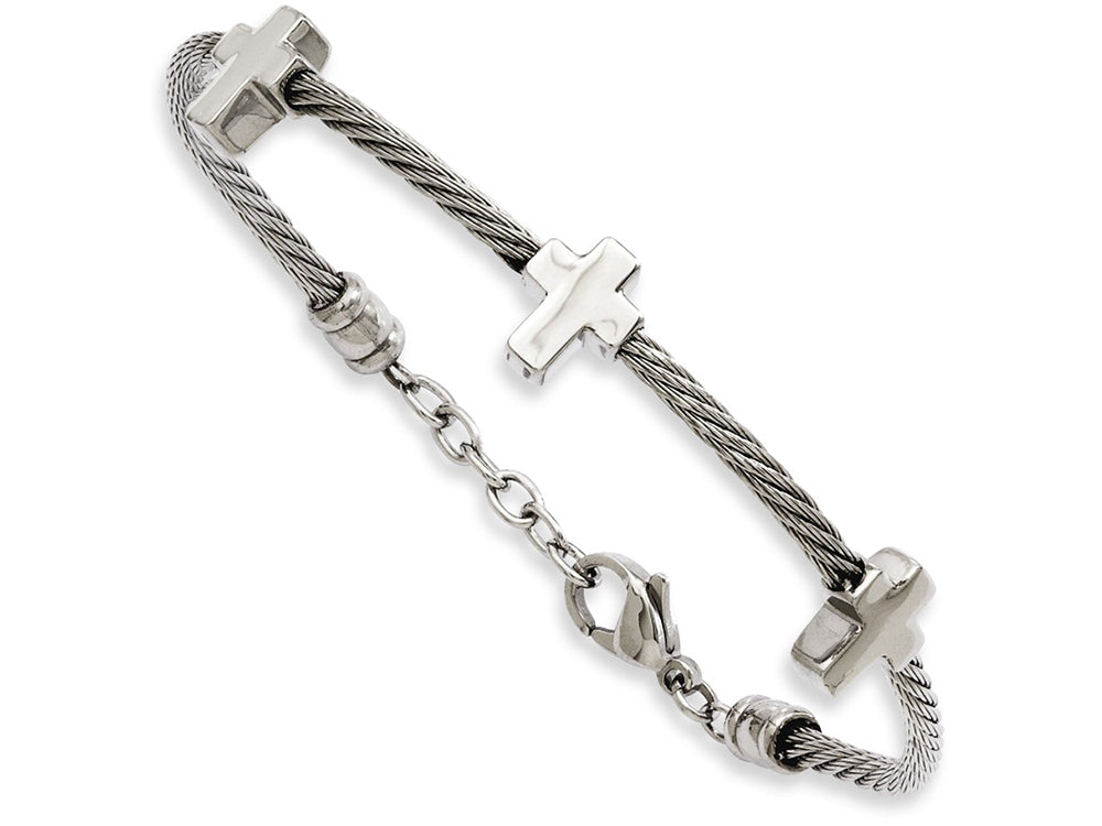 Chisel Stainless Steel Crosses On Twisted Wire 7.5in W/ext Bracelet