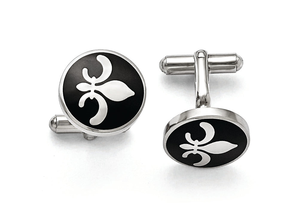 Chisel Stainless Steel Black Enamel With Fleur De Lis Cuff Links