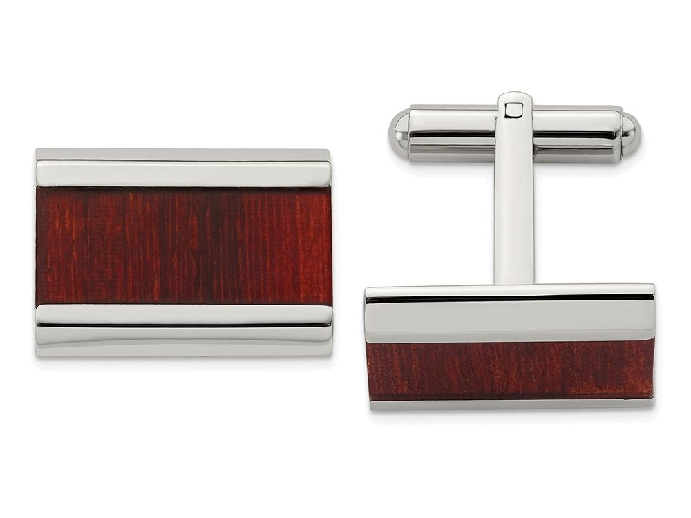 Chisel Stainless Steel Polished Red Wood Inlay Cuff Links