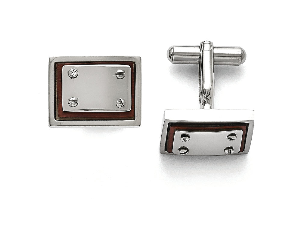 Chisel Stainless Steel Polished Wood Inlay Cuff Links