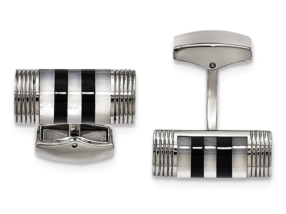 Chisel Stainless Steel Polished Mother Of Pearl And Onyx Cuff Links