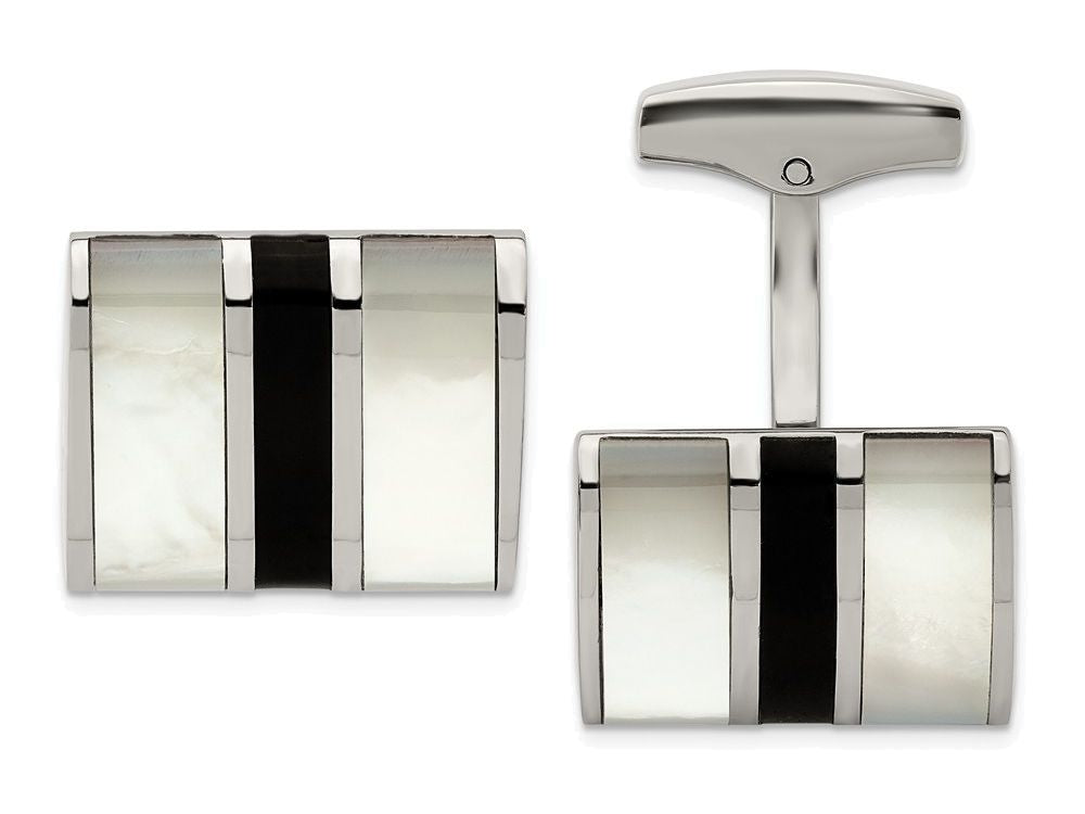 Chisel Stainless Steel Polished Black Semi-precious Stone and Mop Cuff Links