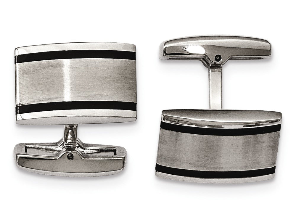Chisel Stainless Steel Brushed And Polished Black Rubber Rectangle Cuff Links