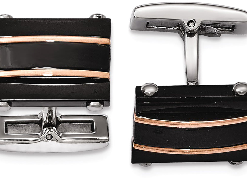 Chisel Stainless Steel Polished Black And Rose Ip Plated Cuff Links
