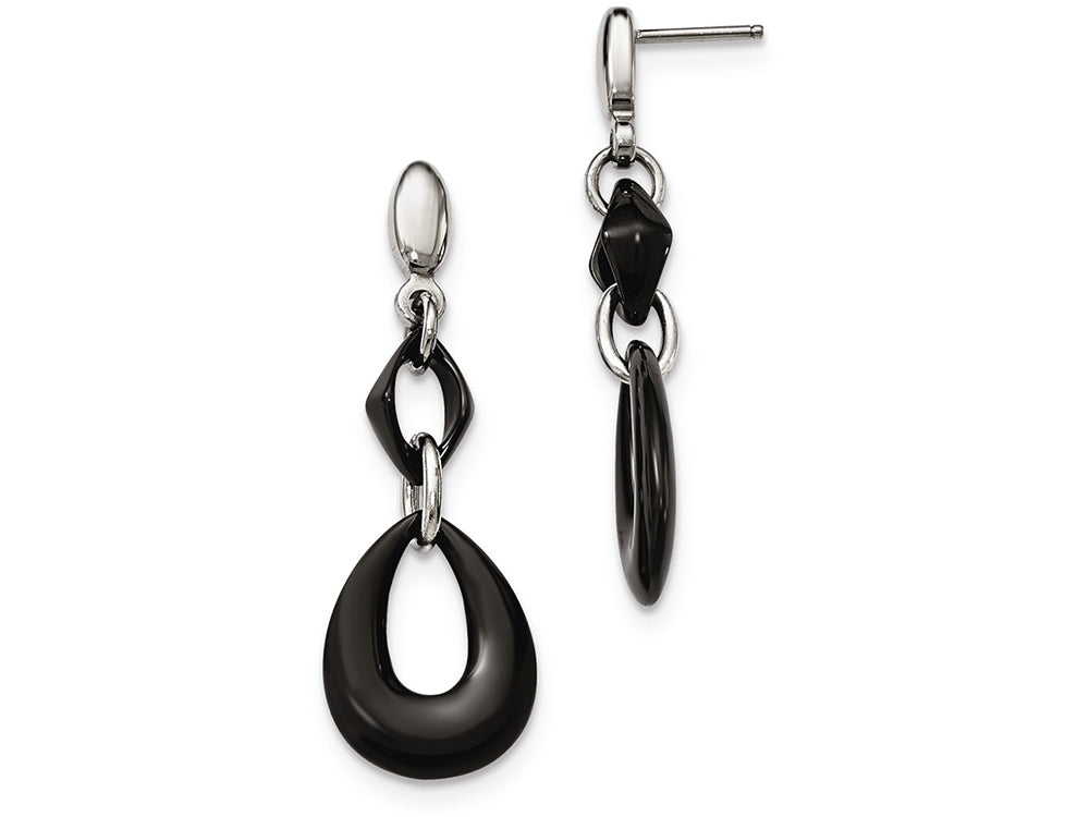 Chisel Stainless Steel And Black Ceramic Polished Dangle Post Earrings