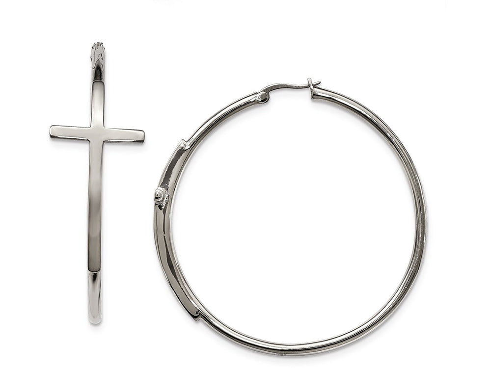 Chisel Stainless Steel Polished Large Cross on 3mm Thick Hoop Earrings