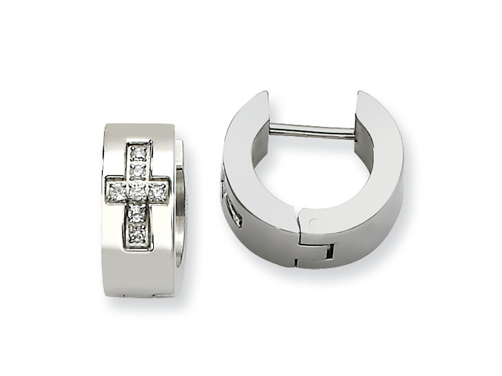 Chisel Stainless Steel CZ Cross Brushed and Polished Hinged Hoop Earrings
