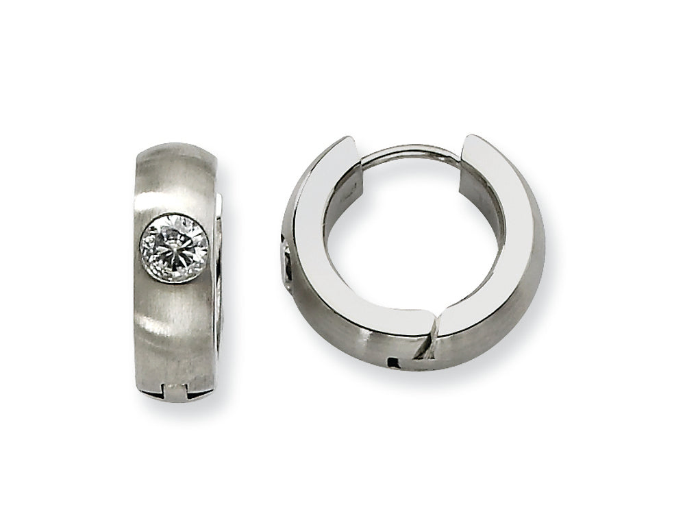 Chisel Stainless Steel CZ Brushed and Polished Round Hinged Hoop Earrings