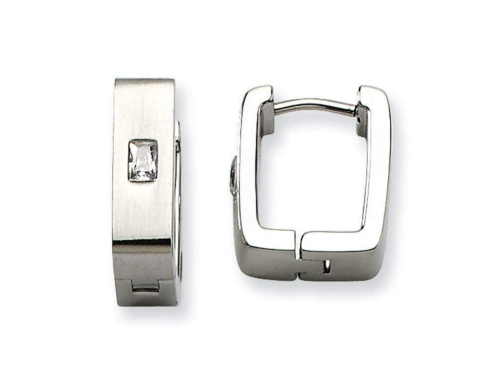 Chisel Stainless Steel CZ Brushed and Polished Square Hinged Earrings
