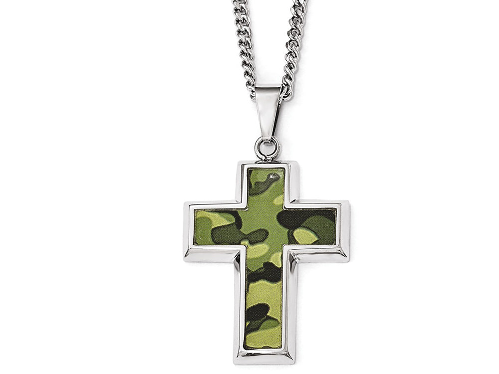 Chisel Stainlesssteel Polished Printed Greencamo Under Rubber Crossnecklace