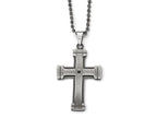 Chisel Stainless Steel Antiqued Polished And Brushed CZ Cross Necklace