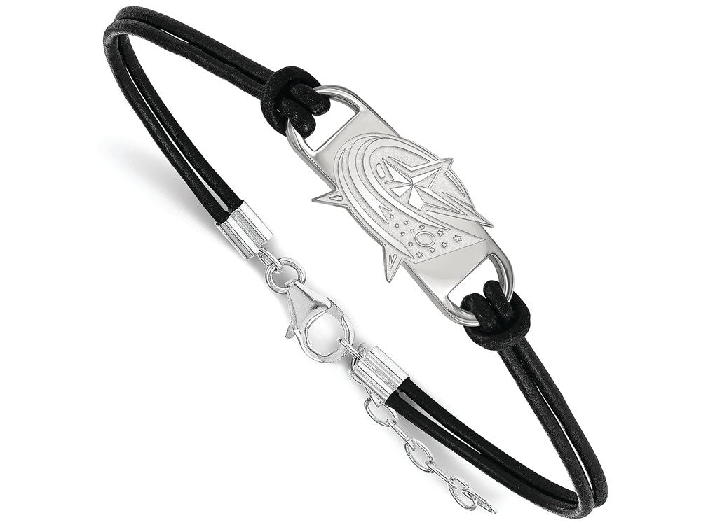 Logoart 925 Sterling Silver Columbus Blue Jackets Small Center Leather Bracelet