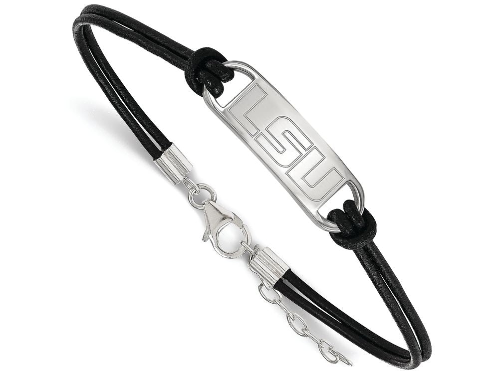 LogoArt Sterling Silver Louisiana State University Leather Bracelet Small Center