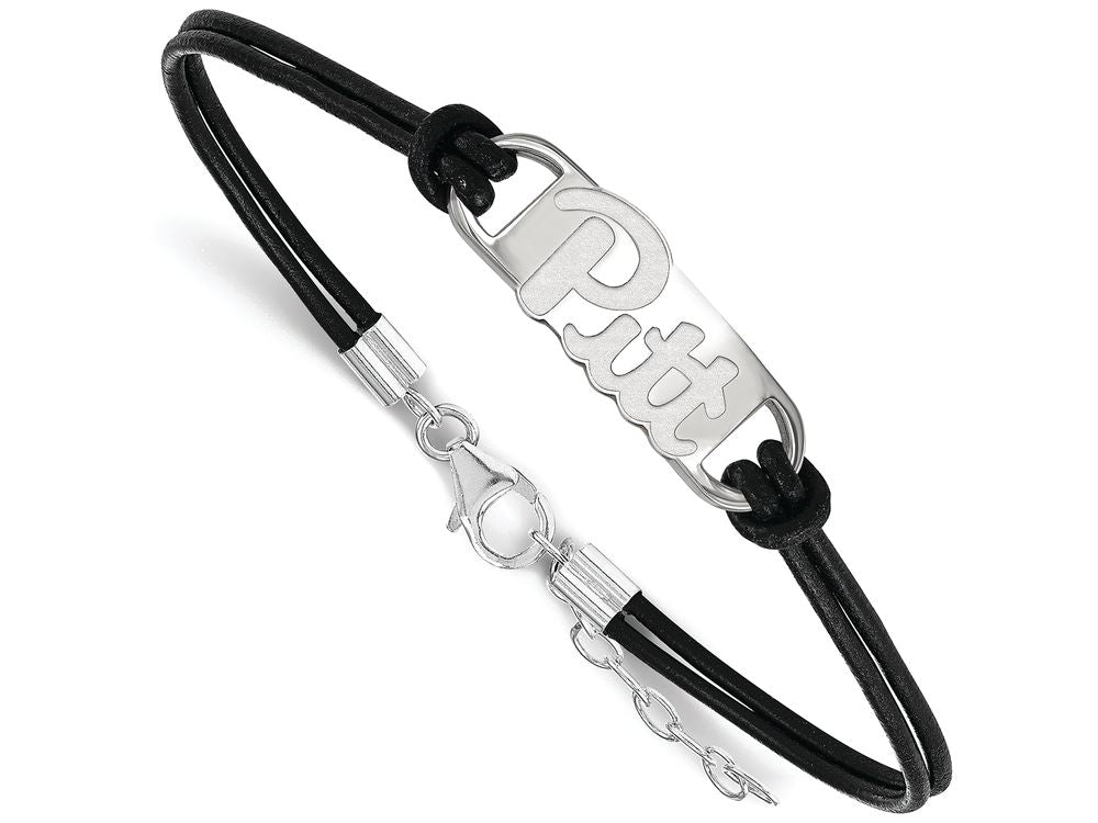 LogoArt Sterling Silver University Of Pittsburgh Leather Bracelet Small Center