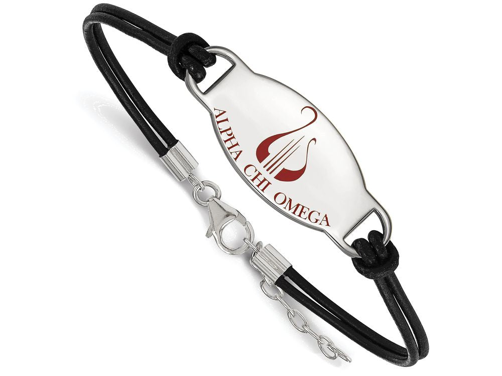 Logoart 925 Sterling Silver Alpha Chi Omega Enameled Oval Black Leather Bracelet