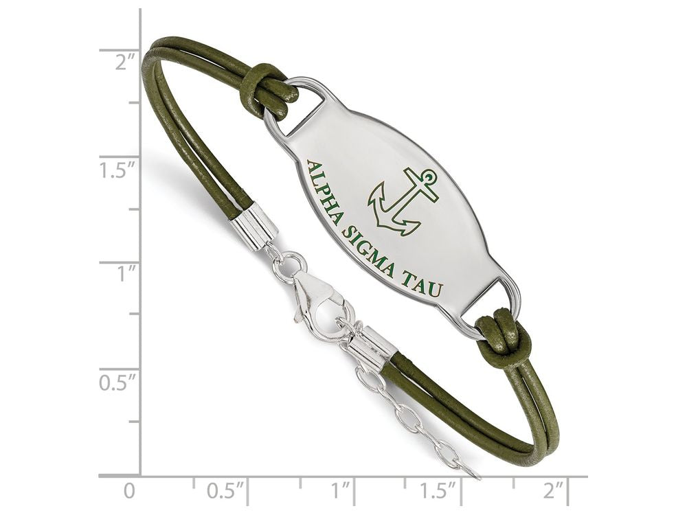LogoArt Sterling Silver Alpha Sigma Tau Enameled Oval Leather Bracelet
