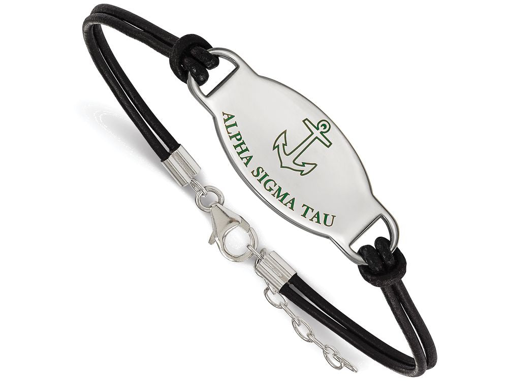 Logoart 925 Sterling Silver Alpha Sigma Tau Enameled Oval Black Leather Bracelet
