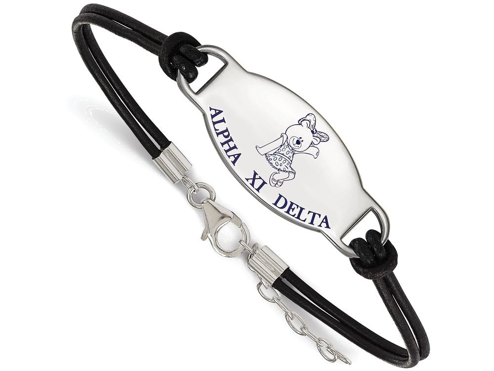 Logoart 925 Sterling Silver Alpha Xi Delta Enameled Black Leather Bracelet