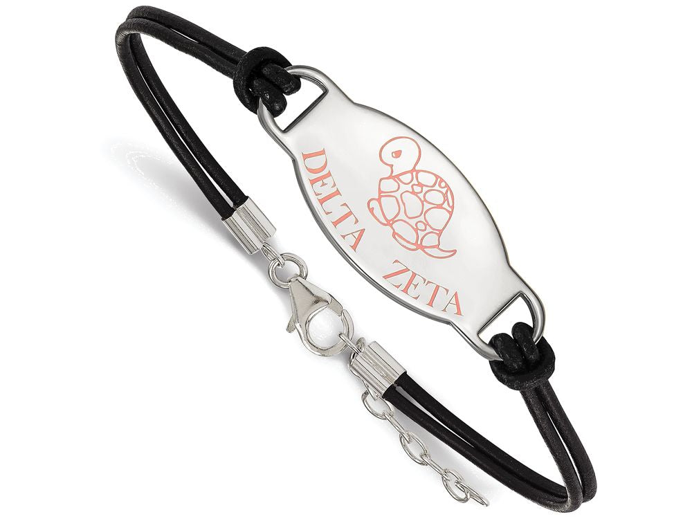 Logoart 925 Sterling Silver Delta Zeta Enameled Oval Black Leather Bracelet
