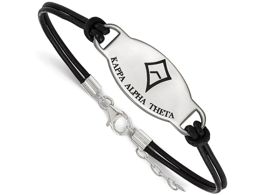 LogoArt Sterling Silver Kappa Alpha Theta Enameled Oval Leather Bracelet