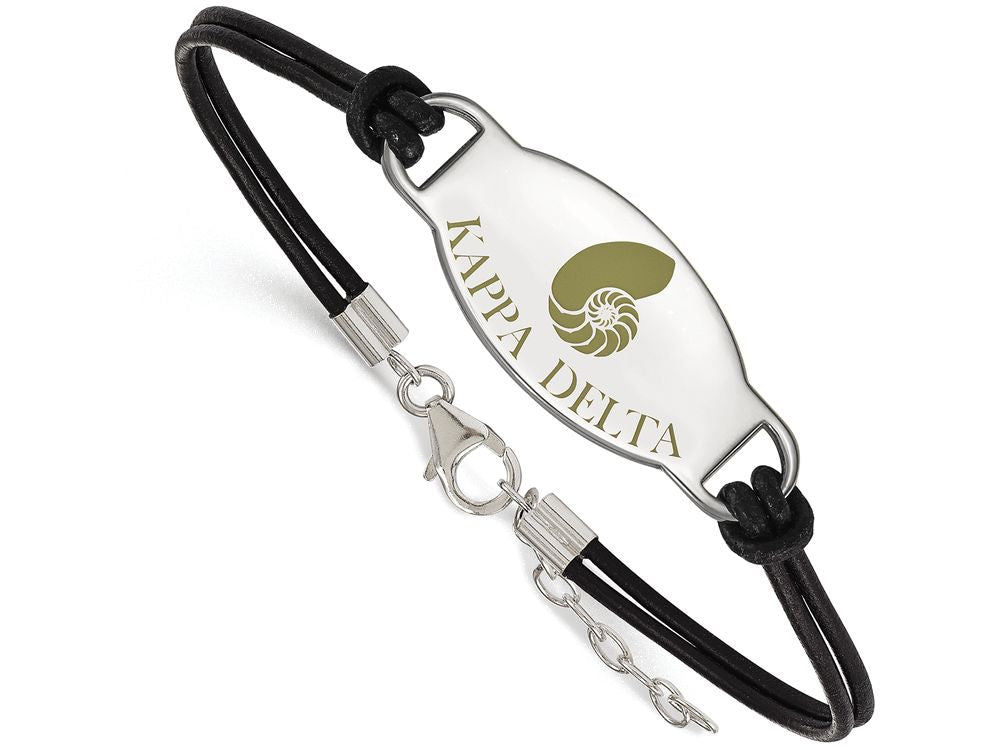 Logoart 925 Sterling Silver Kappa Delta Enameled Oval Black Leather Bracelet
