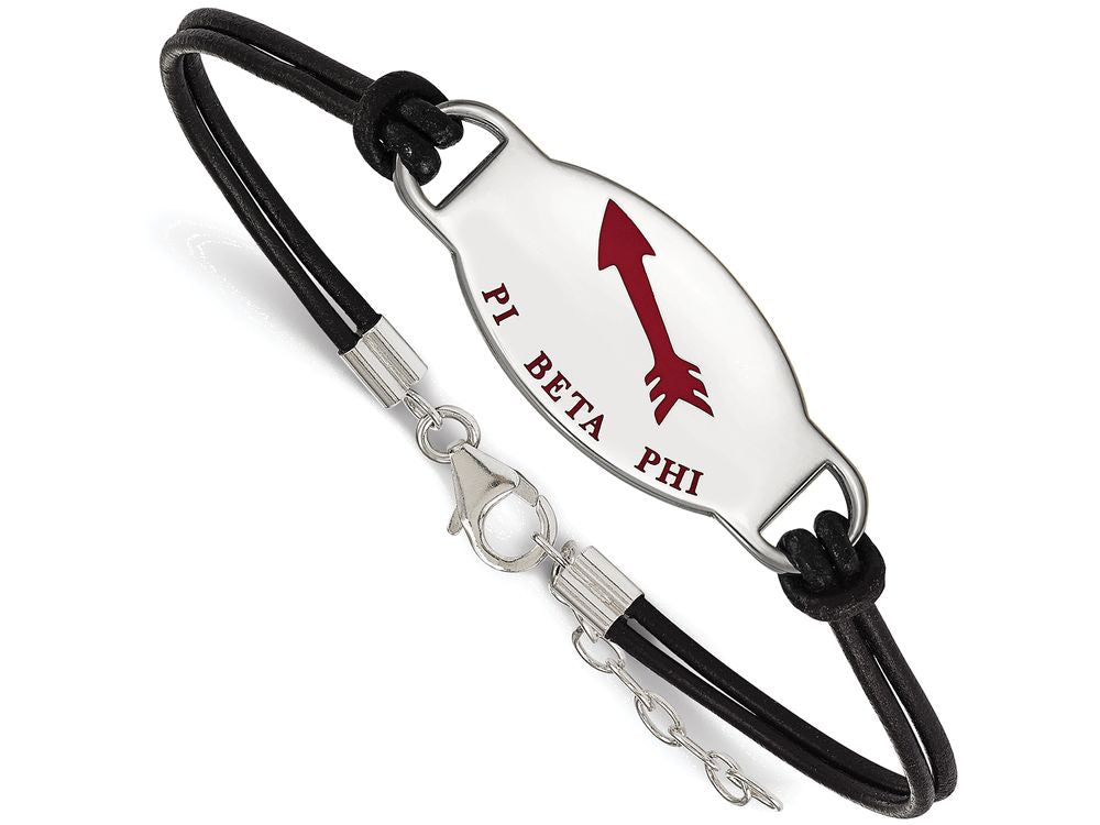 Logoart 925 Sterling Silver Pi Beta Phi Enameled Oval Black Leather Bracelet