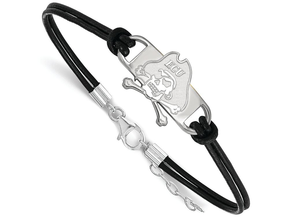 LogoArt Sterling Silver East Carolina University Leather Bracelet Small Center