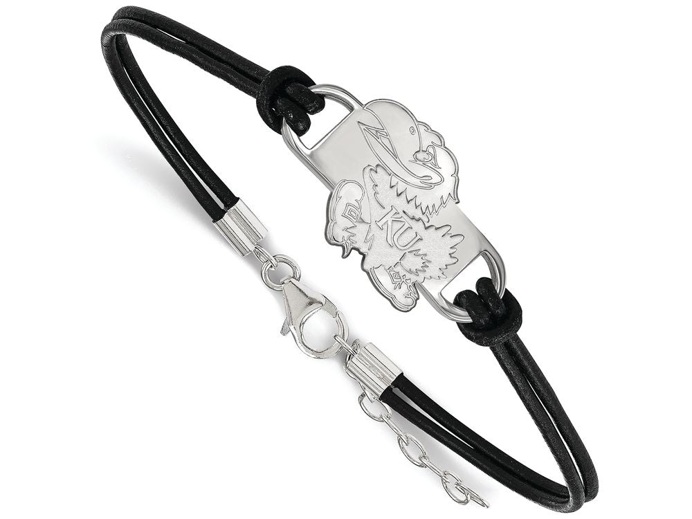 LogoArt Sterling Silver University Of Kansas Leather Bracelet Small Center