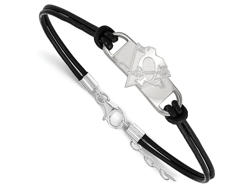 LogoArt Sterling Silver Pittsburgh Penguins Leather Bracelet Small Center