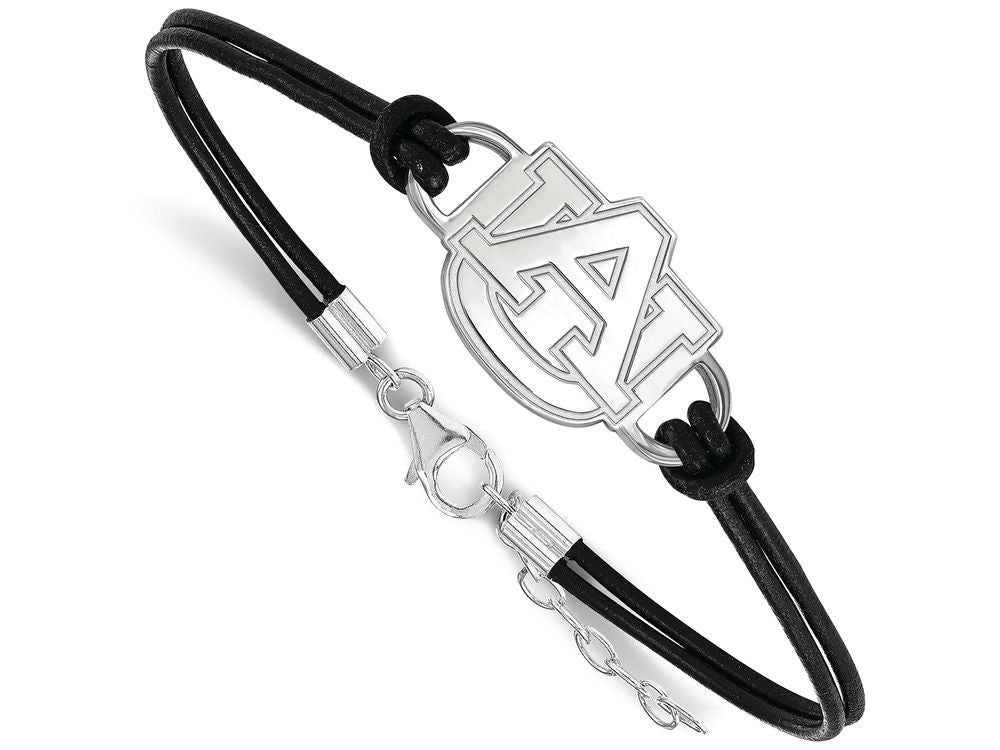 LogoArt Sterling Silver Auburn University Leather Bracelet Small Center
