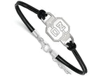 LogoArt Sterling Silver North Carolina State University Leather Bracelet Small Center