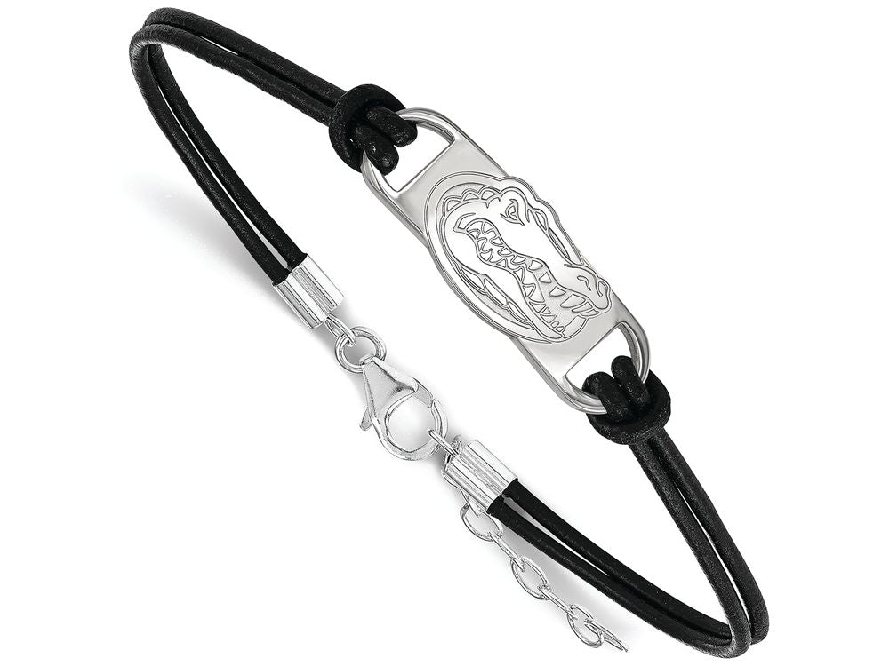 LogoArt Sterling Silver University Of Florida Leather Bracelet Small Center