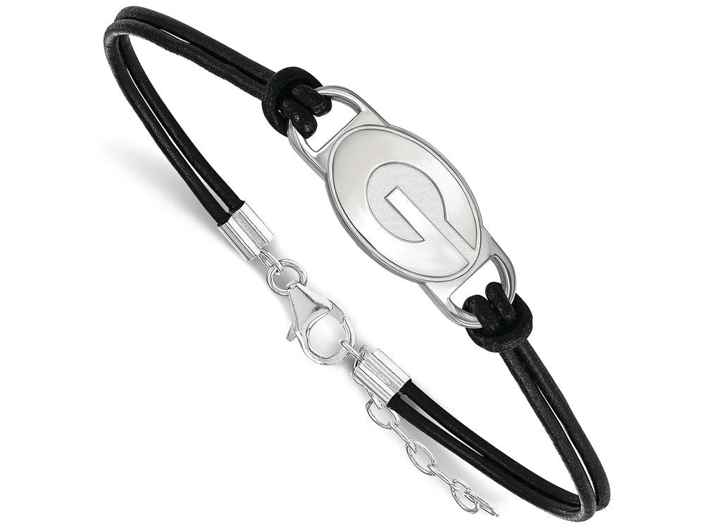 LogoArt Sterling Silver University Of Georgia Leather Bracelet Small Center