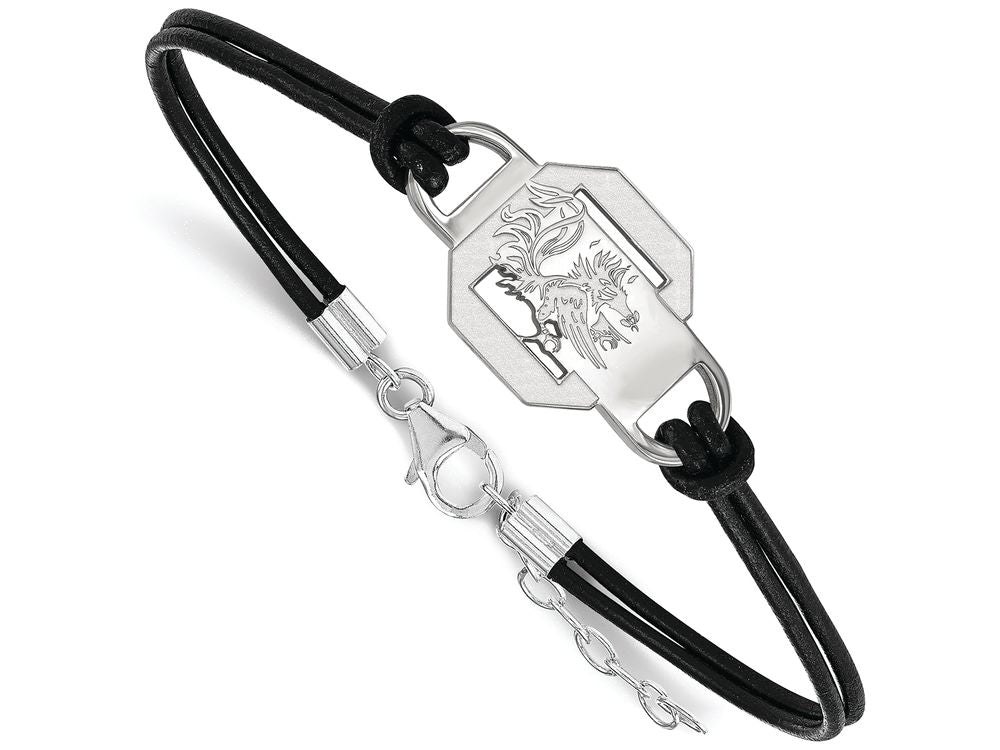 LogoArt Sterling Silver University Of South Carolina Leather Bracelet Small Center