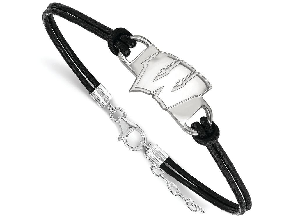 LogoArt Sterling Silver University Of Wisconsin Leather Bracelet Small Center