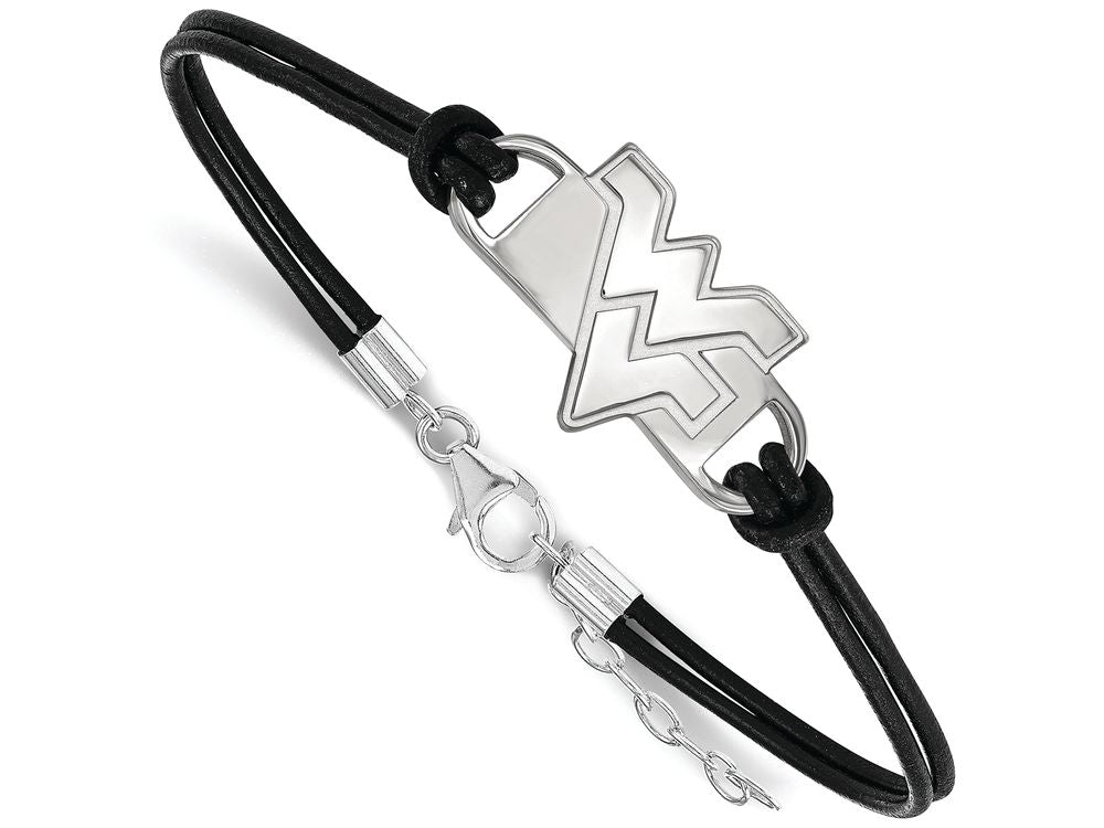 LogoArt Sterling Silver West Virginia University Leather Bracelet Small Center