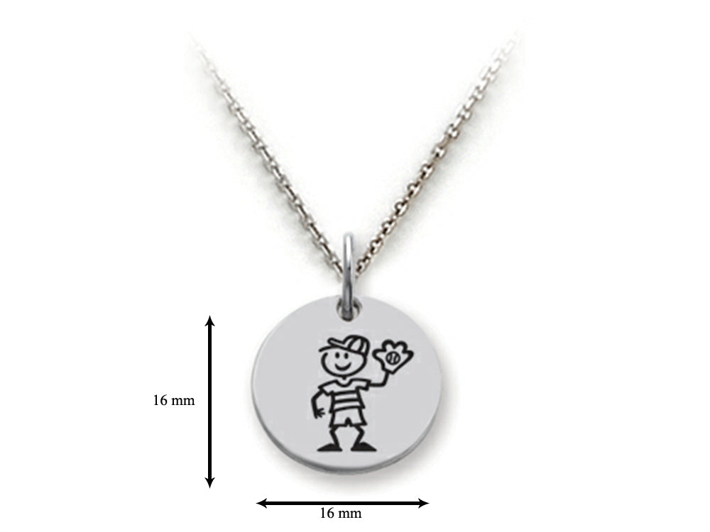 Family Values 925 Sterling Silver Baseball Player Boy Disc Pendant Necklace - Chain Included