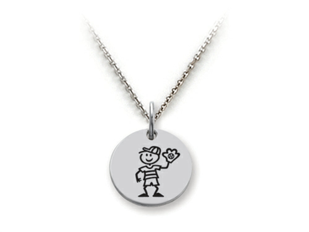 Family Values 925 Sterling Silver Baseball Player Boy Disc Pendant Necklace - Chain Included