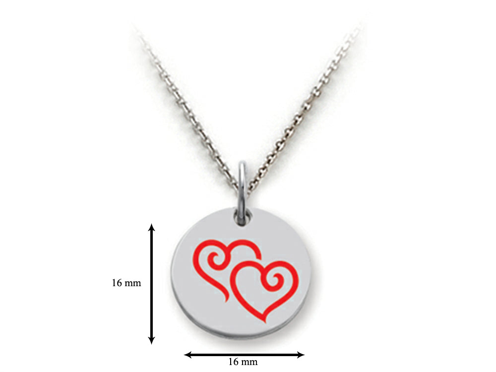 Stellar White 925 Sterling Silver Double Hearts Disc Pendant Necklace - Chain Included