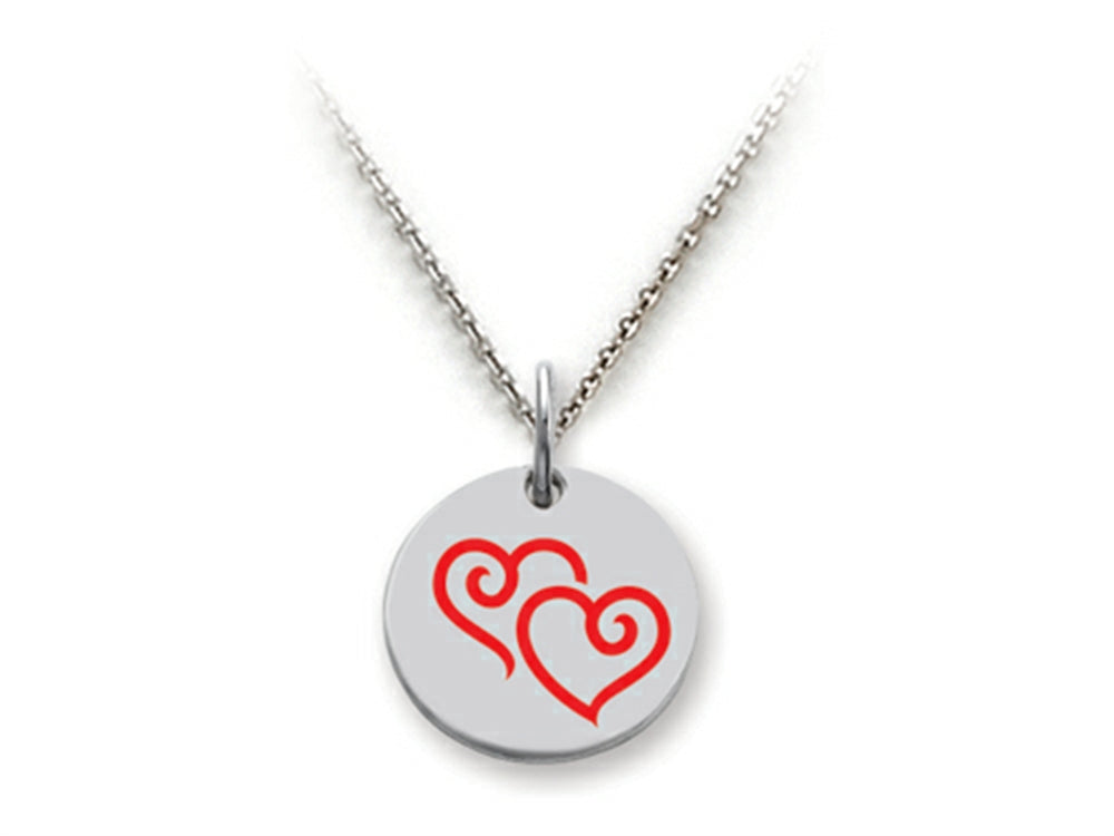 Stellar White 925 Sterling Silver Double Hearts Disc Pendant Necklace - Chain Included