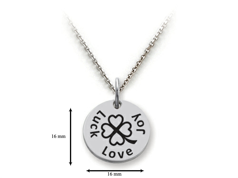 Stellar White 925 Sterling Silver Love, Joy, Luck Disc Pendant Necklace - Chain Included