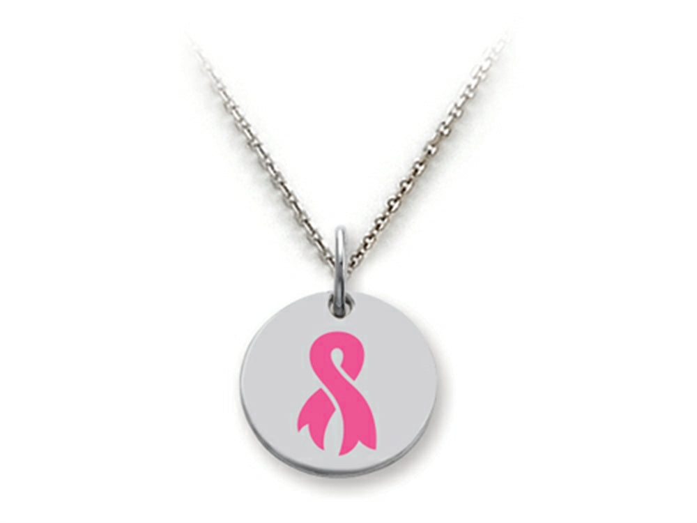 Stellar White Sterling Silver Breast Cancer Aware Ribbon Disc Pendant Necklace 18 Inch Adjustable Chain