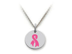 Stellar White Sterling Silver Breast Cancer Aware Ribbon Disc Pendant Necklace 18 Inch Adjustable Chain